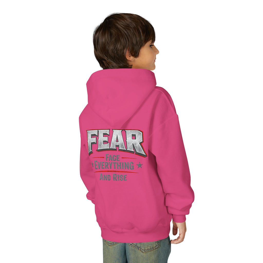Youth Hoodie Distressed American Flag with 'WR' Front & 'Fear Face Everything And Rise' Motivational Back