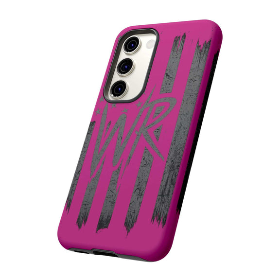Pink 'WR' Flag Tough Phone Case by Printify with durable design and vibrant flag print, showcasing its protective features.