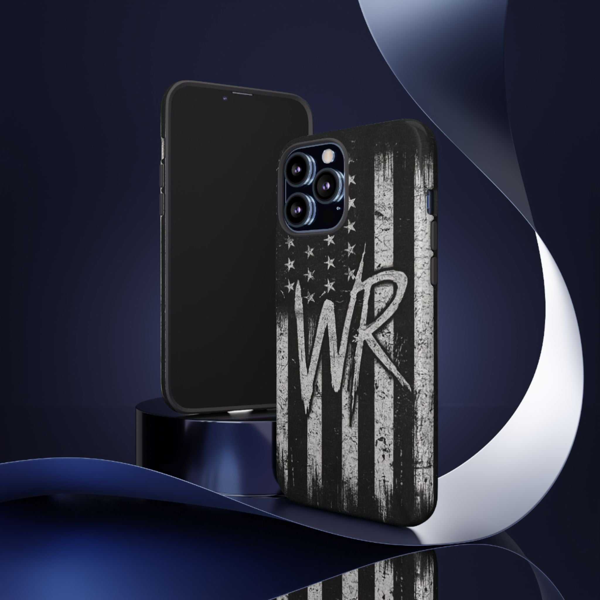 Distressed American flag phone case featuring a WR monogram by Printify, designed for durability and style.