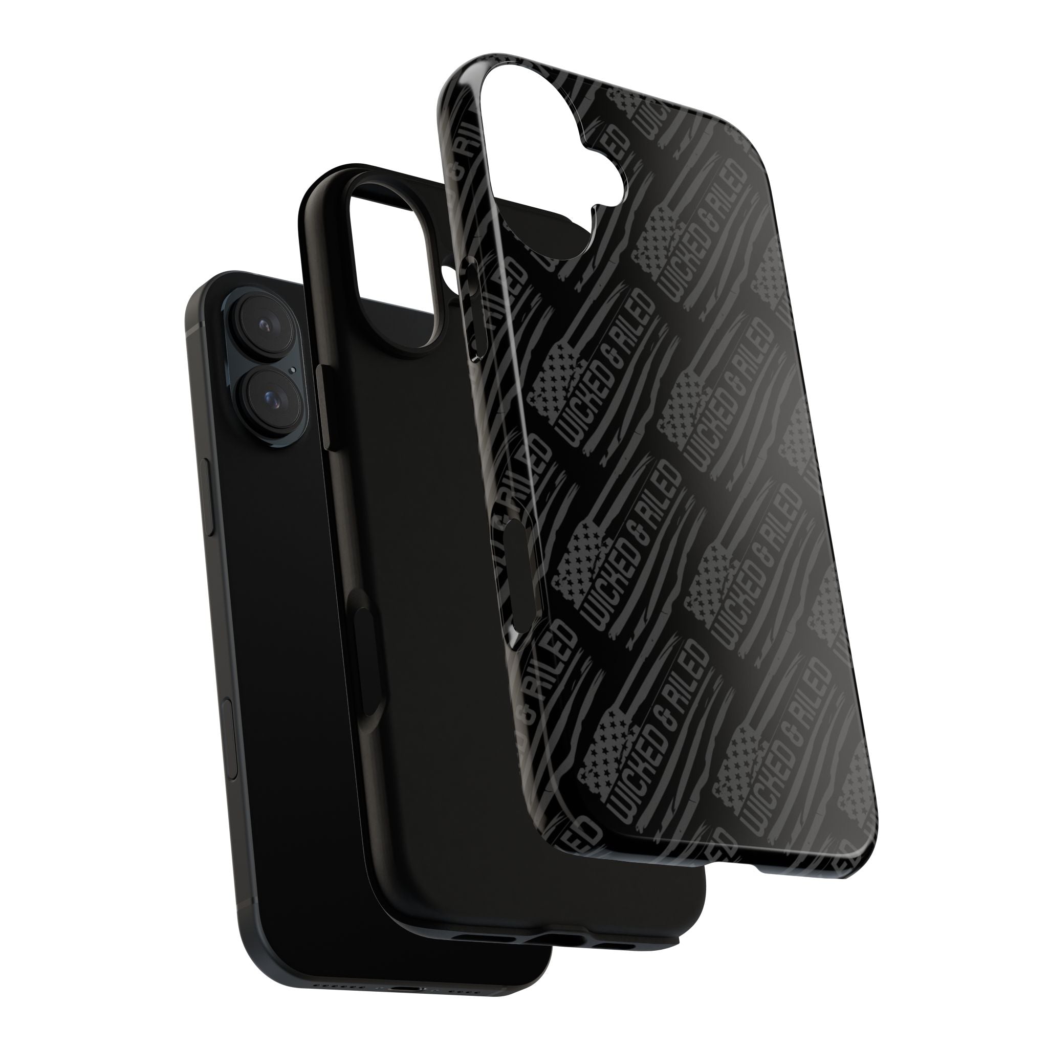 Rugged black protective phone case by Printify with a textured TOUGH CASES pattern, designed for durability.