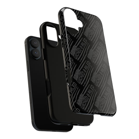 Rugged black protective phone case by Printify with a textured TOUGH CASES pattern, designed for durability.