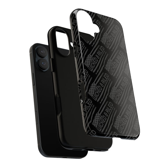 Rugged black protective phone case by Printify with a textured TOUGH CASES pattern, designed for durability.