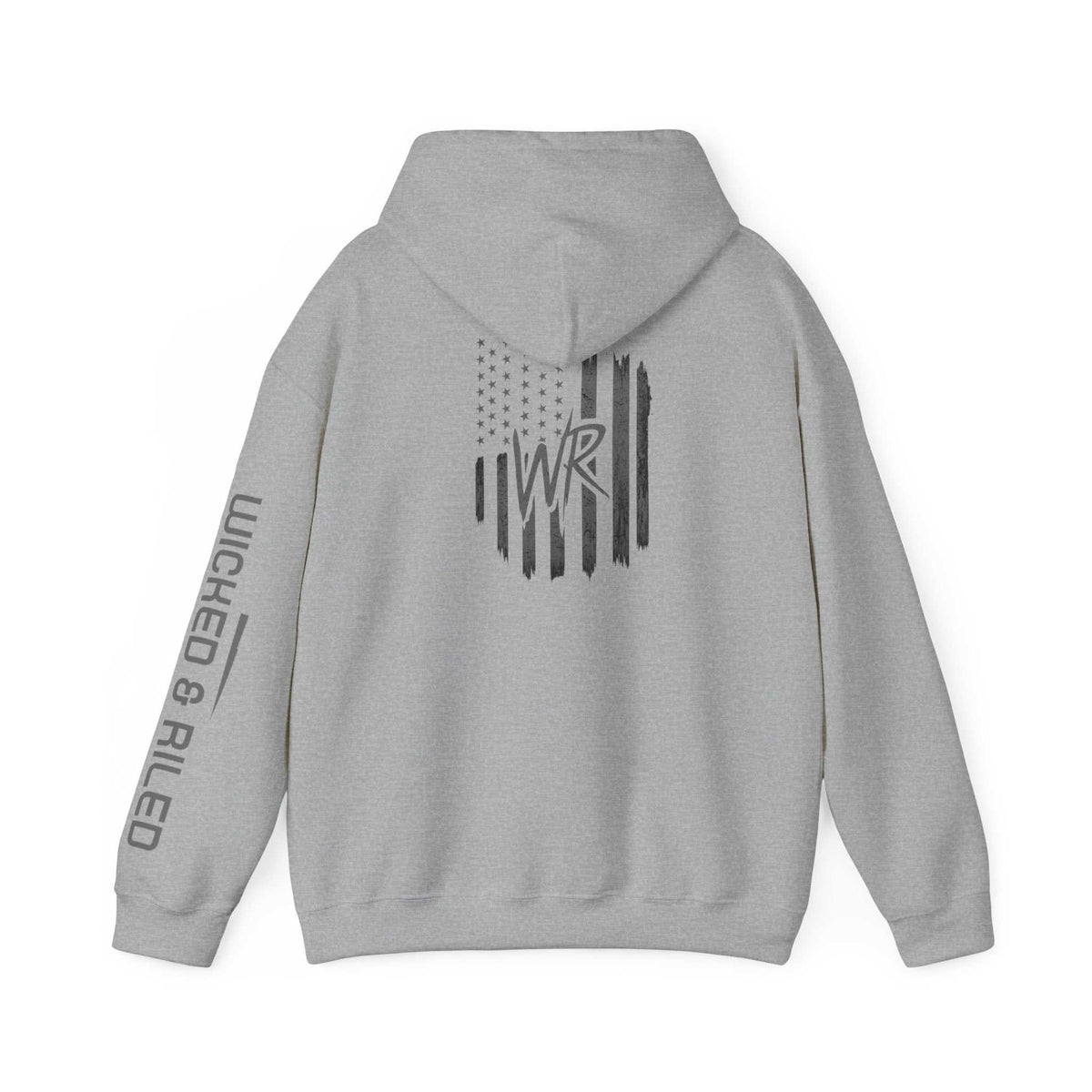 Distressed American logo on a Wicked & Riled pullover hoodie in a casual style by Printify.