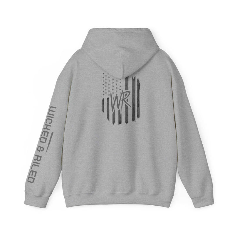Distressed American logo on a Wicked & Riled pullover hoodie in a casual style by Printify.