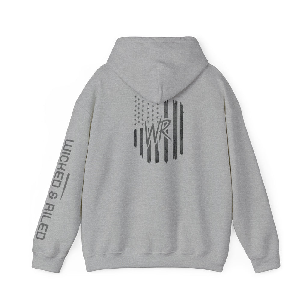 Wicked & Riled Flag Hoodie — Distressed American Logo Pullover