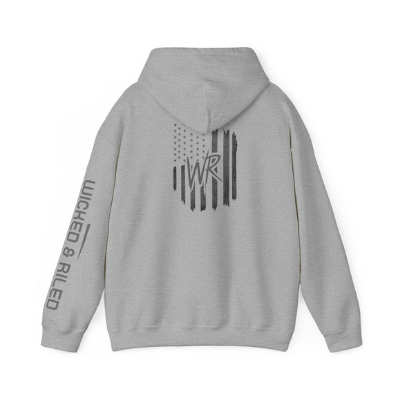 Distressed American logo on a Wicked & Riled pullover hoodie in a casual style by Printify.