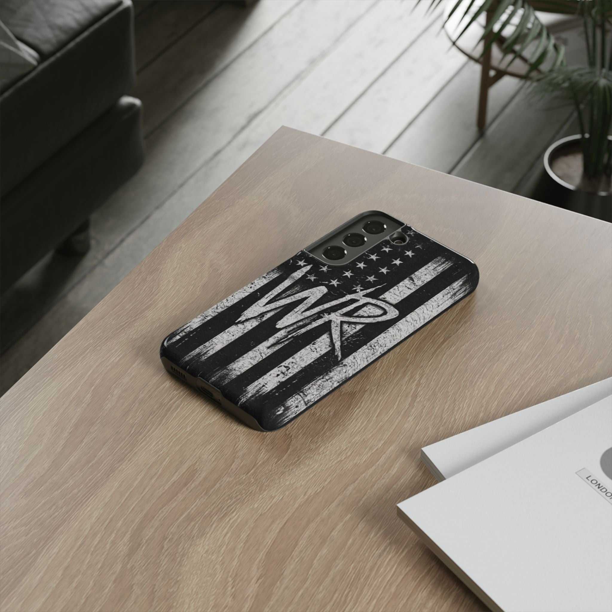 Distressed American flag design on a Patriotic Monogram Tough Phone Case featuring the initials WR by Printify.