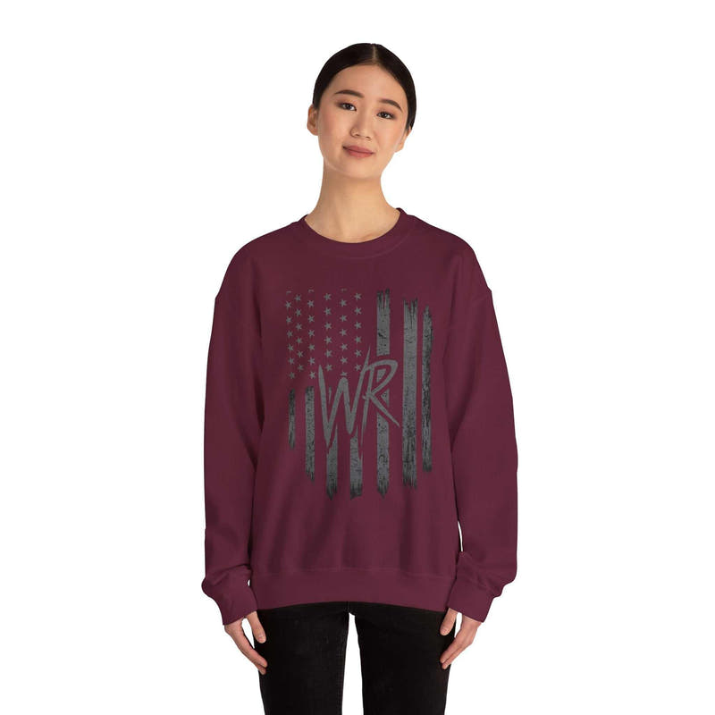 Distressed American flag crewneck sweatshirt with WR monogram, showcasing a cozy pullover design by Printify.