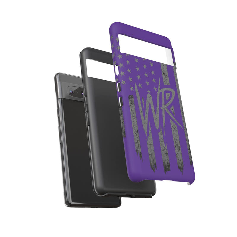 Purple 'WR' flag tough phone case by Printify featuring durable design and vibrant colors for added style and protection.