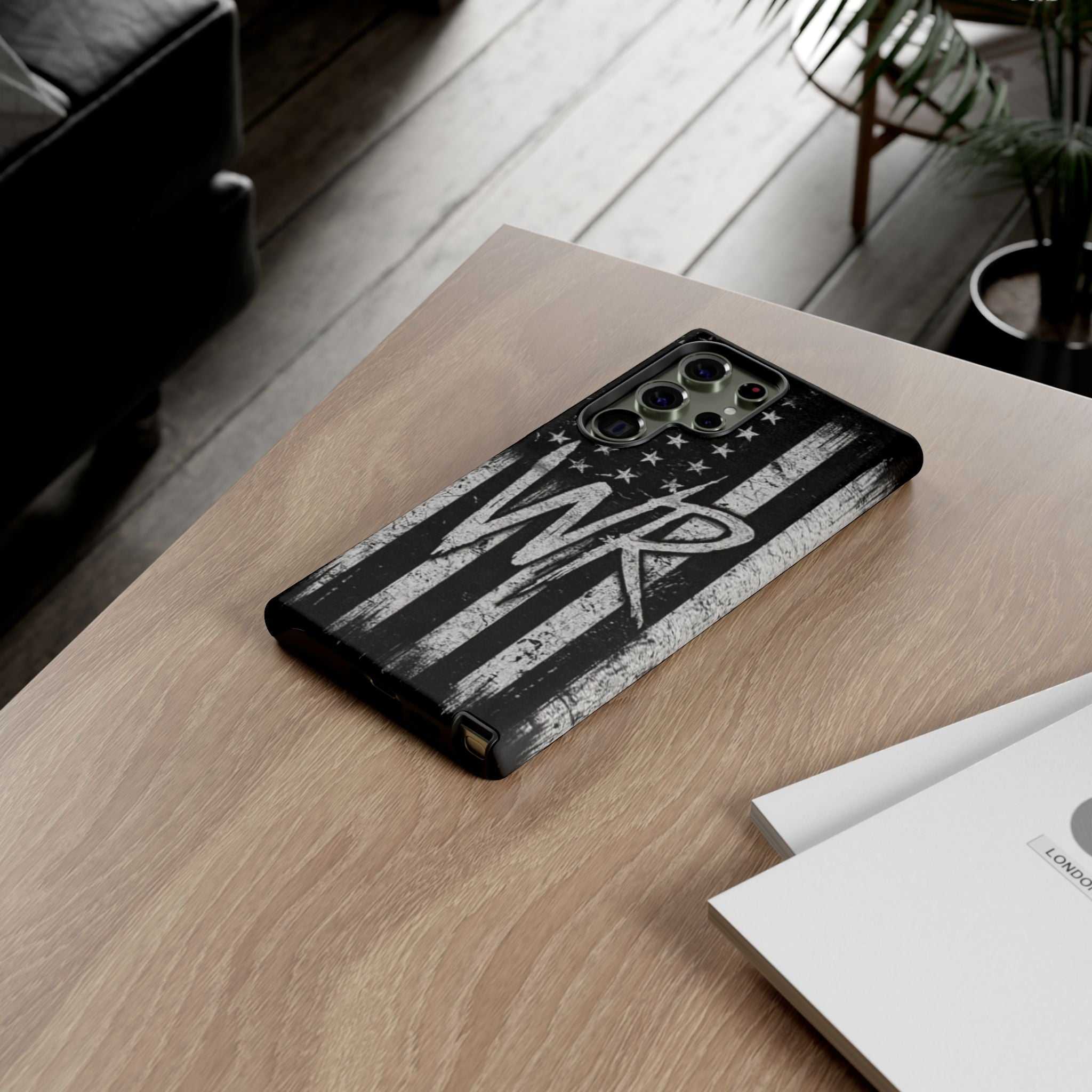 Distressed American flag phone case by Printify featuring a patriotic monogram with initials WR.