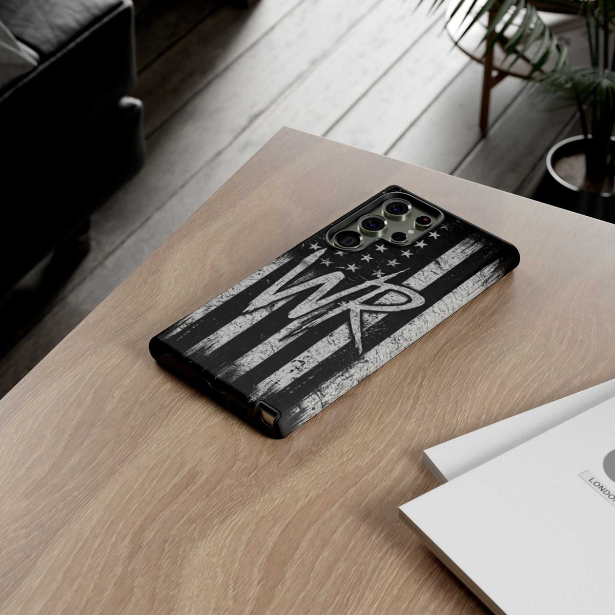 Distressed American flag phone case by Printify featuring a patriotic monogram with initials WR.