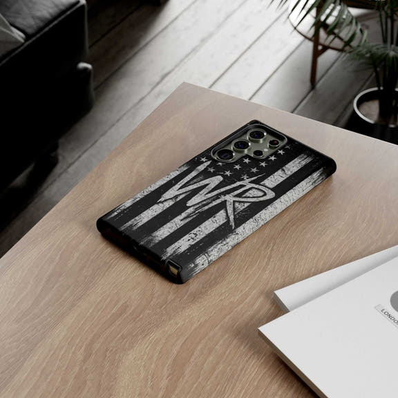 Distressed American flag phone case by Printify featuring a patriotic monogram with initials WR.