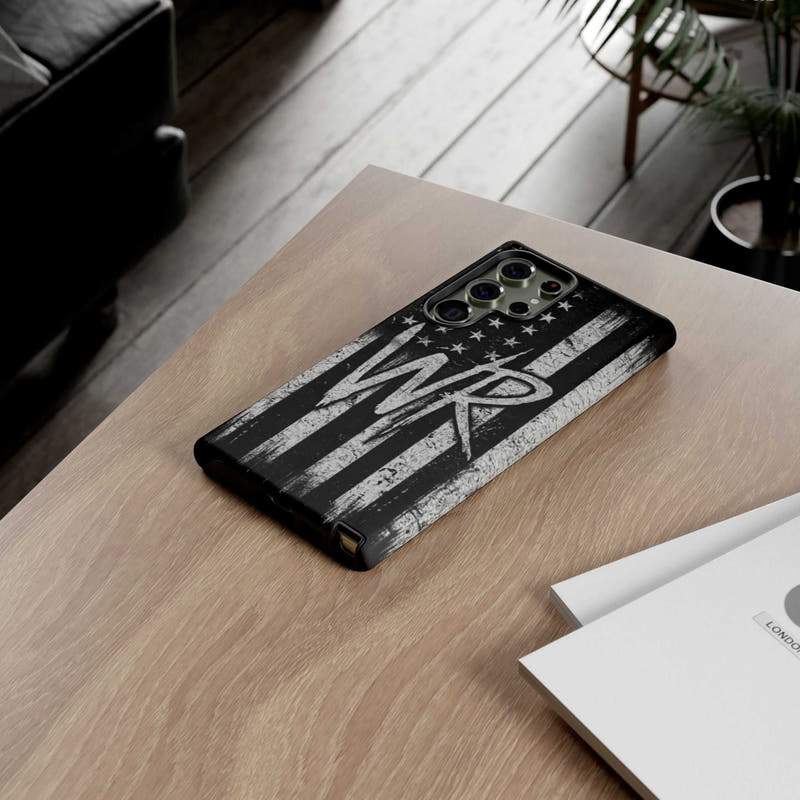 Distressed American flag phone case by Printify featuring a patriotic monogram with initials WR.