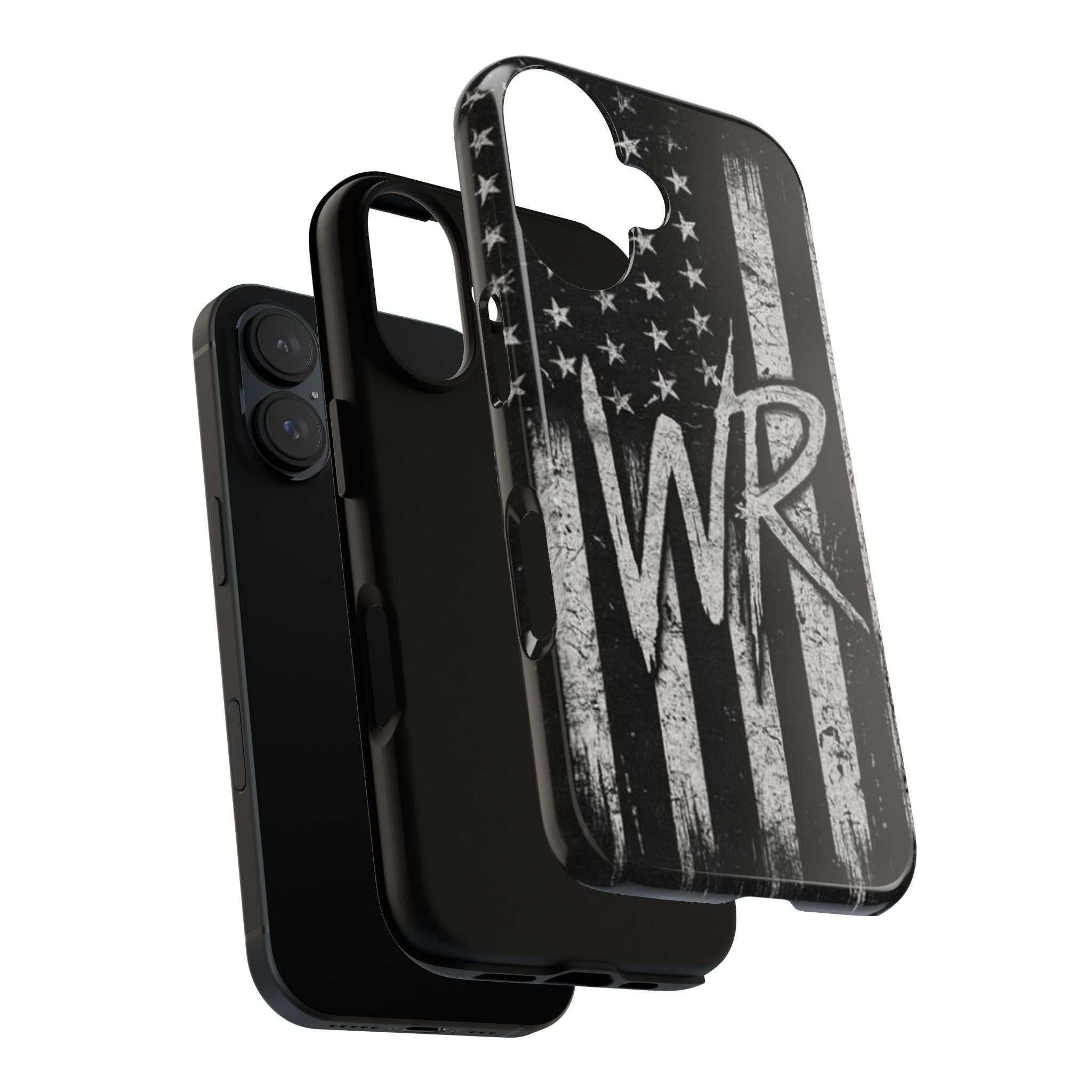Distressed American flag phone case featuring a WR monogram, designed by Printify for tough protection.