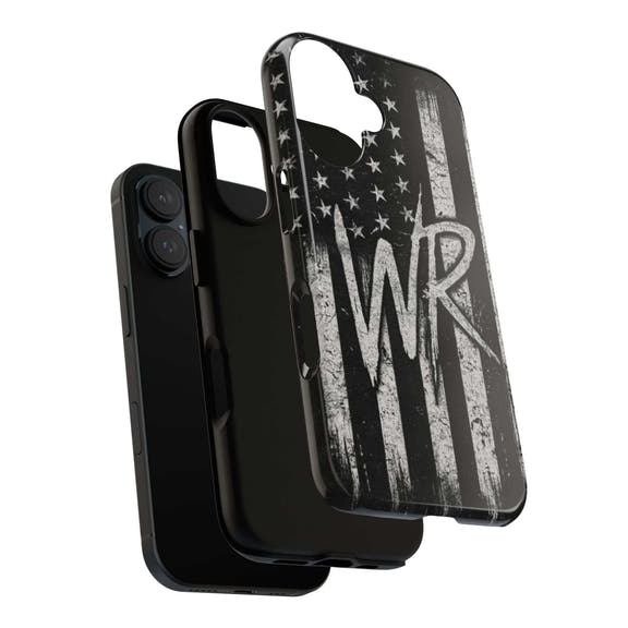 Distressed American flag phone case featuring a WR monogram, designed by Printify for tough protection.
