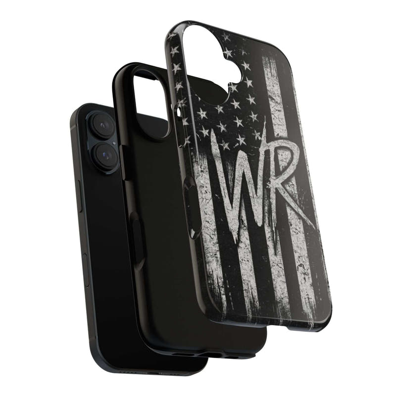Distressed American flag phone case featuring a WR monogram, designed by Printify for tough protection.