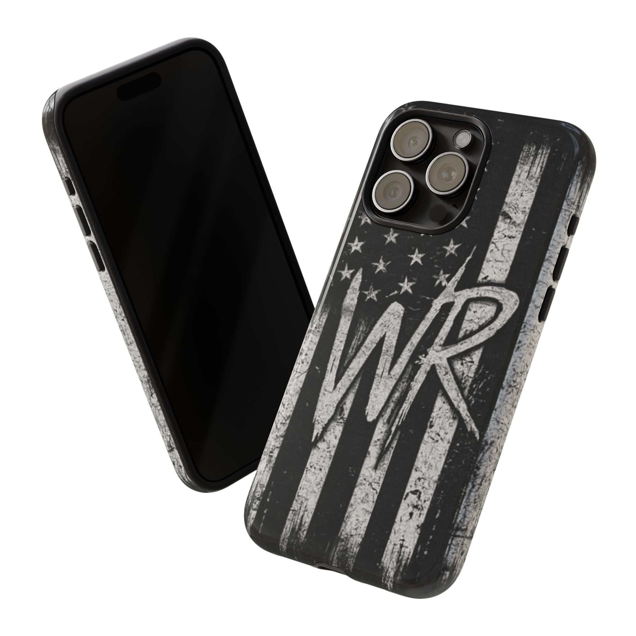 Patriotic monogram phone case featuring a distressed American flag design with the letters WR by Printify.