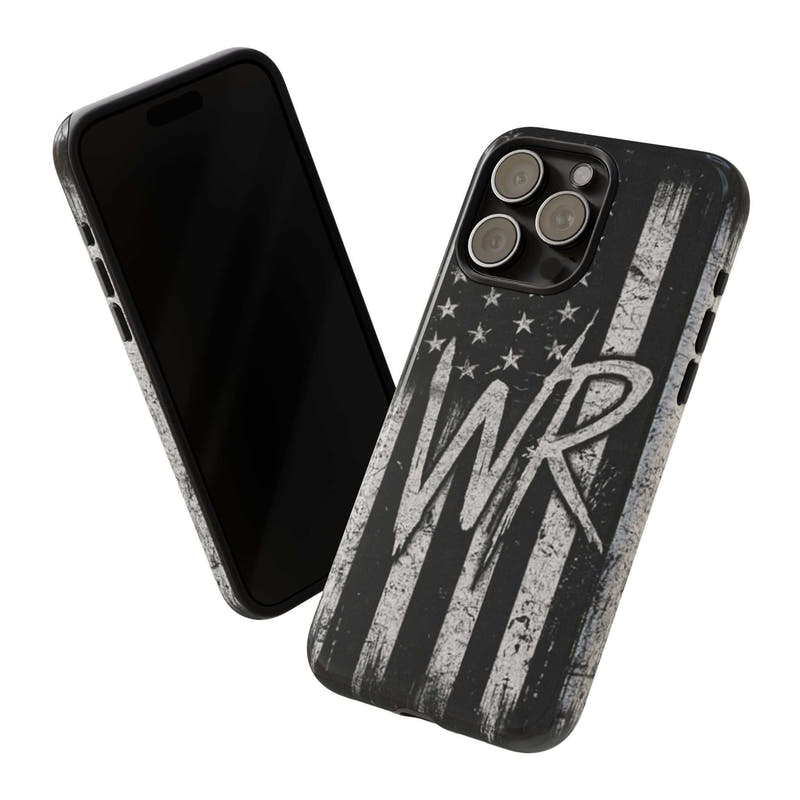 Patriotic monogram phone case featuring a distressed American flag design with the letters WR by Printify.