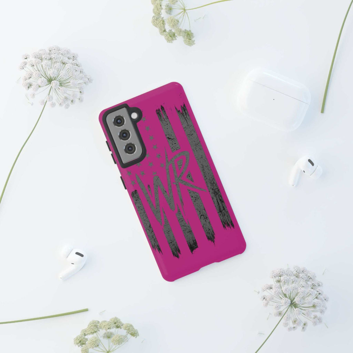 Pink 'WR' Flag Tough Phone Case by Printify featuring a durable design and vibrant flag print on a protective shell.