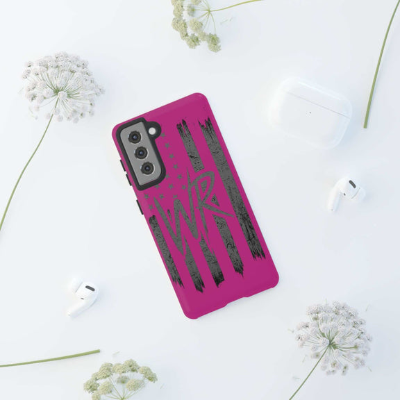Pink 'WR' Flag Tough Phone Case by Printify featuring a durable design and vibrant flag print on a protective shell.