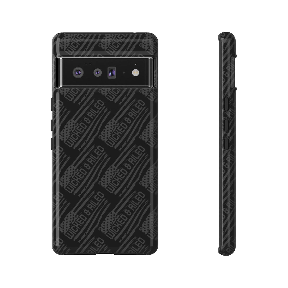 Rugged black protective phone case by Printify with a textured "TOUGH CASES" pattern, designed for durability.