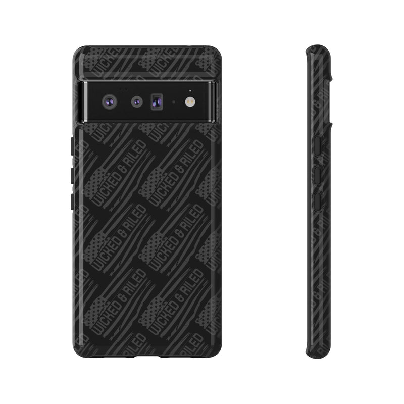 Rugged black protective phone case by Printify with a textured "TOUGH CASES" pattern, designed for durability.