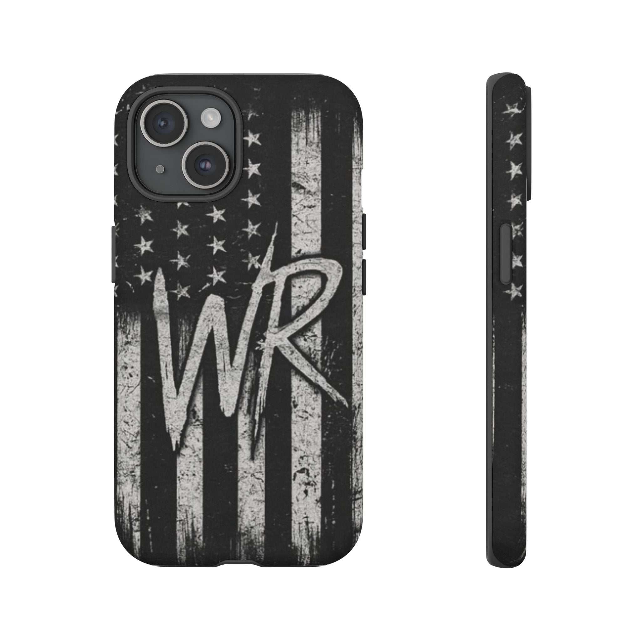 Distressed American flag design on a Patriotic Monogram Tough Phone Case featuring the initials WR by Printify.