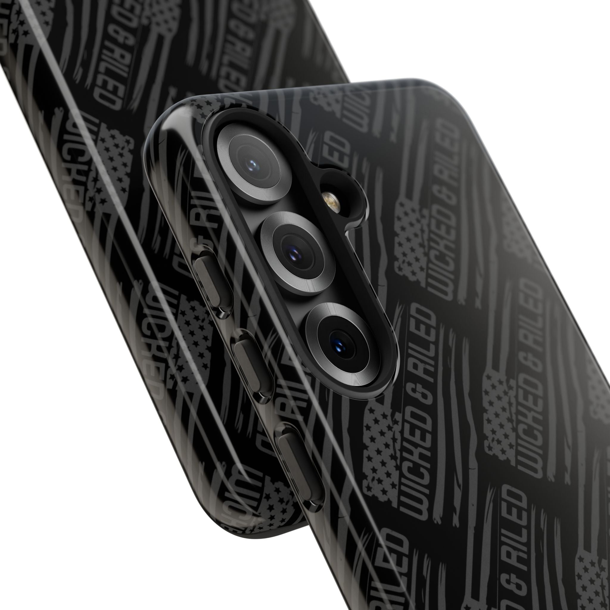 Rugged black protective phone case by Printify with a textured "TOUGH CASES" pattern for enhanced grip and durability.