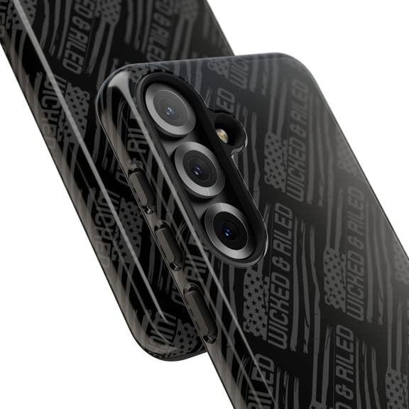 Rugged black protective phone case by Printify with a textured "TOUGH CASES" pattern for enhanced grip and durability.