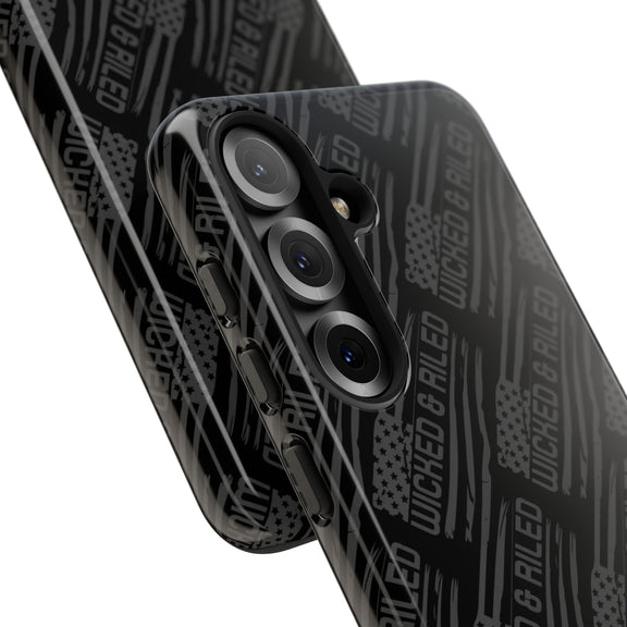 Rugged black protective phone case by Printify with a textured "TOUGH CASES" pattern for enhanced grip and durability.