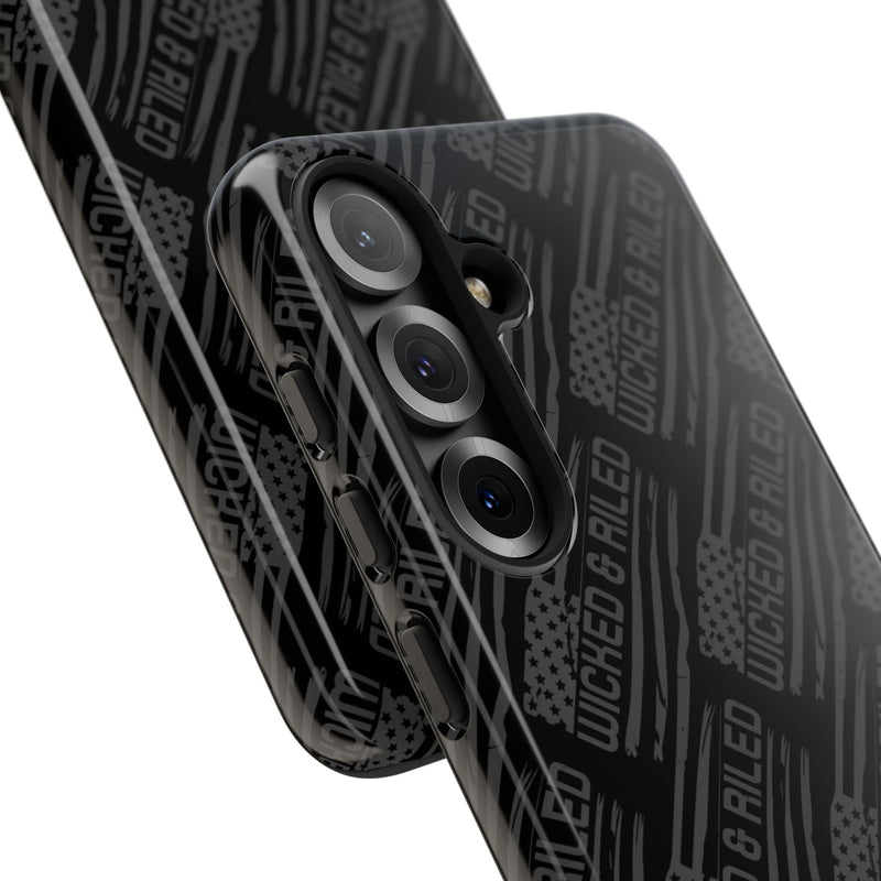 Rugged black protective phone case by Printify with a textured "TOUGH CASES" pattern for enhanced grip and durability.
