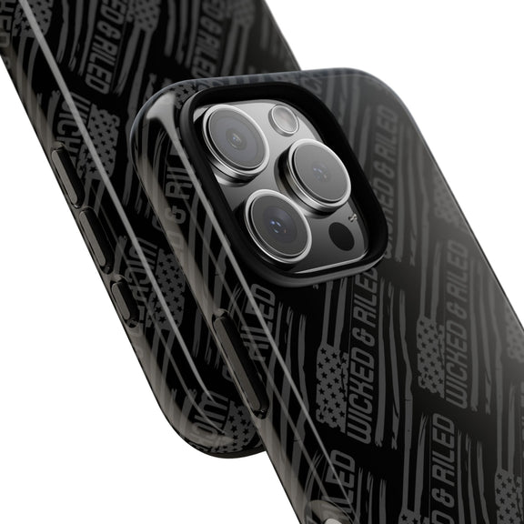 Rugged black protective phone case by Printify featuring a textured "TOUGH CASES" pattern for enhanced grip and durability.