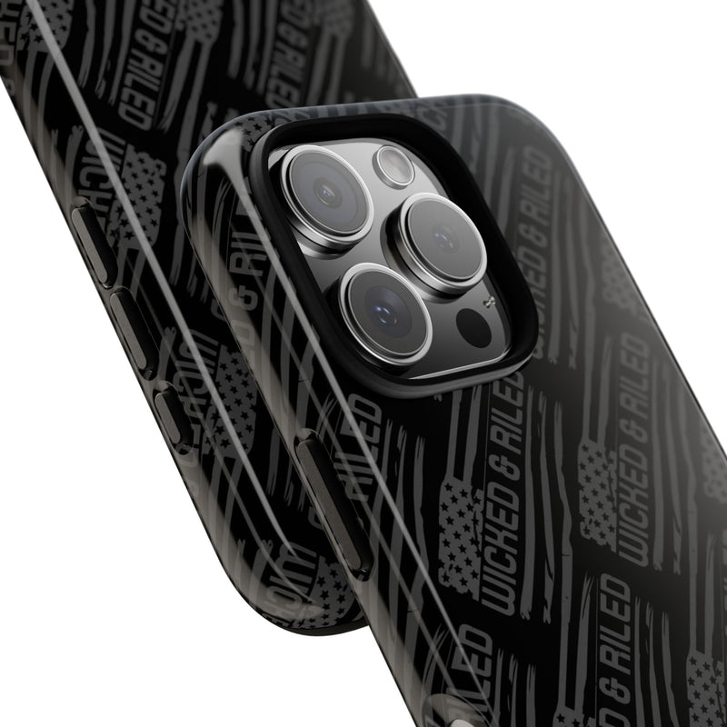 Rugged black protective phone case by Printify featuring a textured "TOUGH CASES" pattern for enhanced grip and durability.