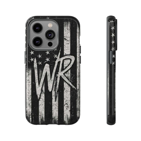 Distressed American flag design on a Patriotic Monogram Tough Phone Case featuring the initials WR by Printify.