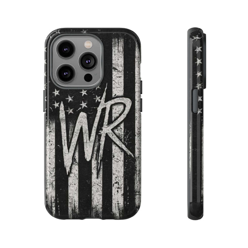 Distressed American flag design on a Patriotic Monogram Tough Phone Case featuring the initials WR by Printify.