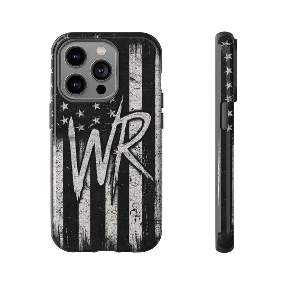 Distressed American flag design on a Patriotic Monogram Tough Phone Case featuring the initials WR by Printify.