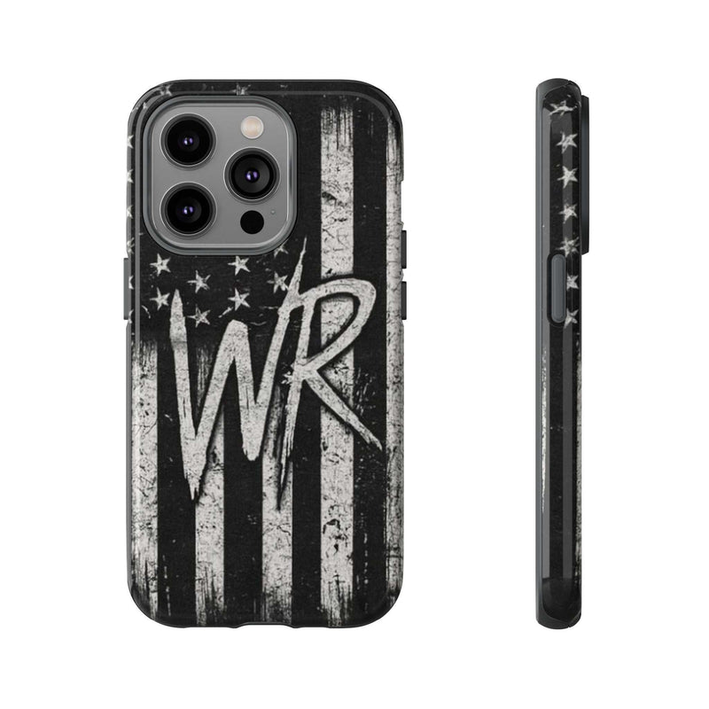 Distressed American flag design on a Patriotic Monogram Tough Phone Case featuring the initials WR by Printify.