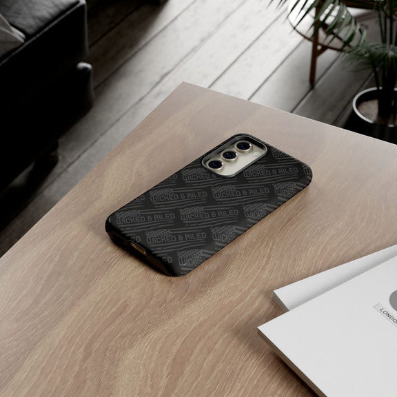Rugged black protective phone case by Printify featuring a textured "TOUGH CASES" pattern.