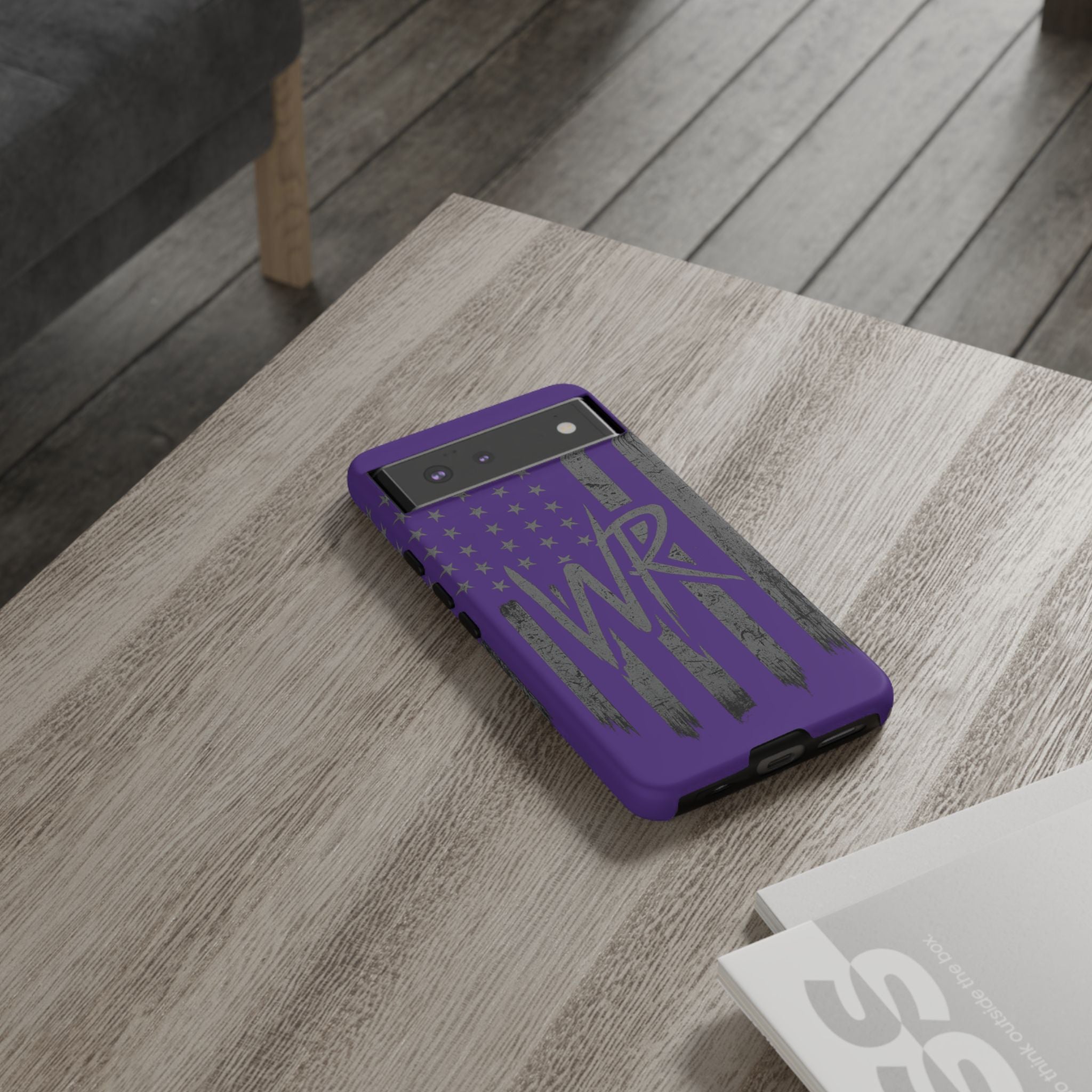 Purple 'WR' flag tough phone case by Printify, showcasing durable design and vibrant colors, ideal for protection and style.