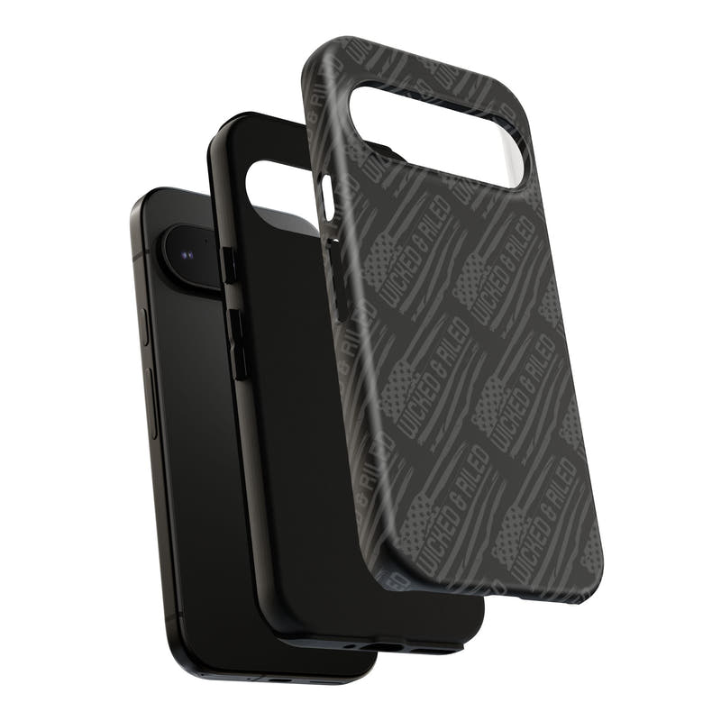 Rugged black protective phone case by Printify featuring a textured "TOUGH CASES" pattern.