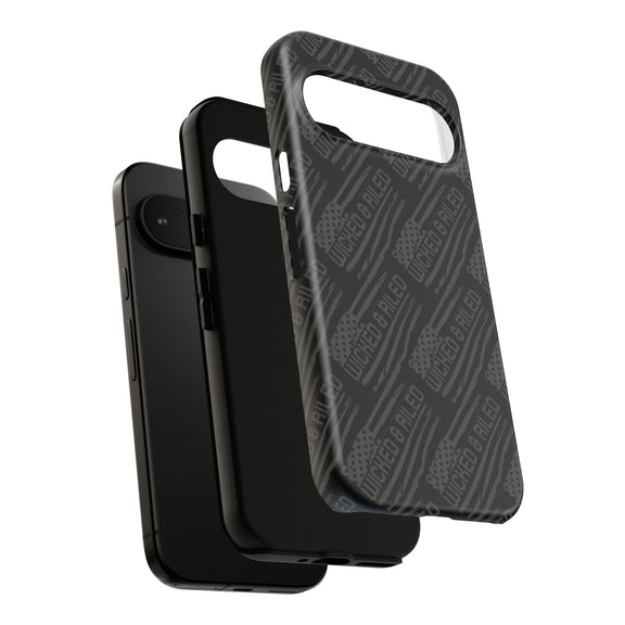 Rugged black protective phone case by Printify featuring a textured "TOUGH CASES" pattern.
