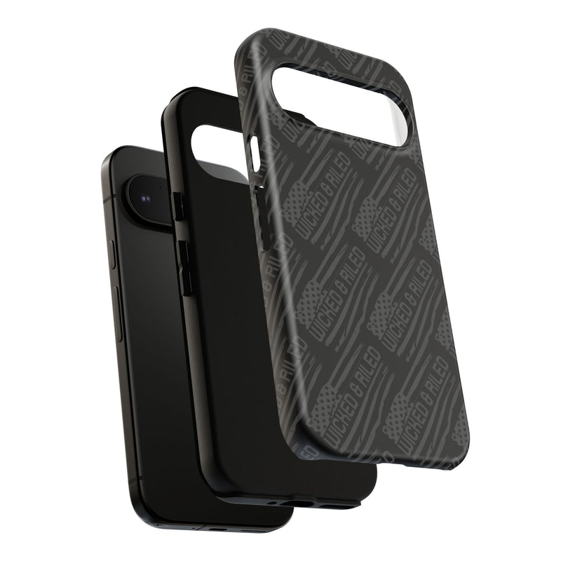 Rugged black protective phone case by Printify featuring a textured "TOUGH CASES" pattern.