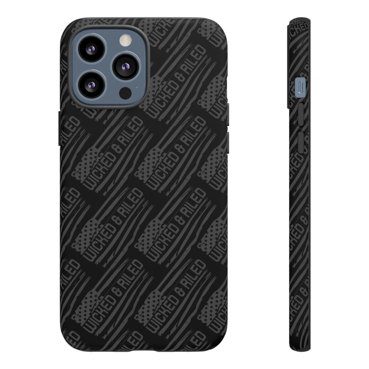 Rugged black protective phone case by Printify with a textured "TOUGH CASES" pattern for enhanced grip and durability.