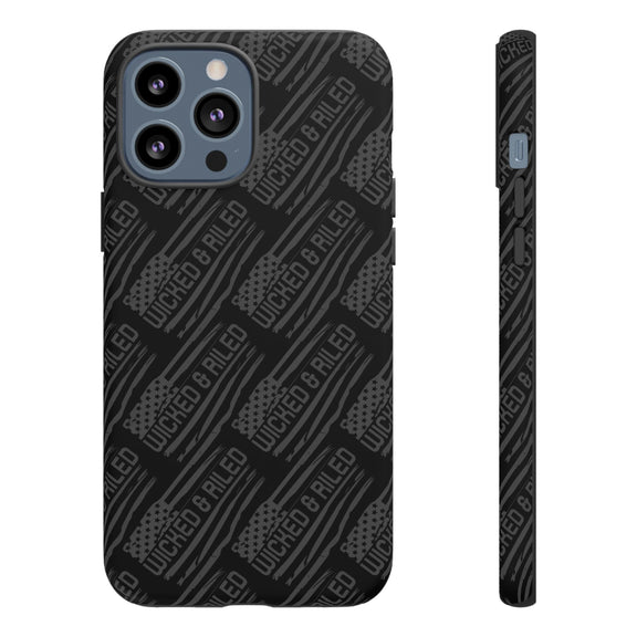 Rugged black protective phone case by Printify with a textured "TOUGH CASES" pattern for enhanced grip and durability.