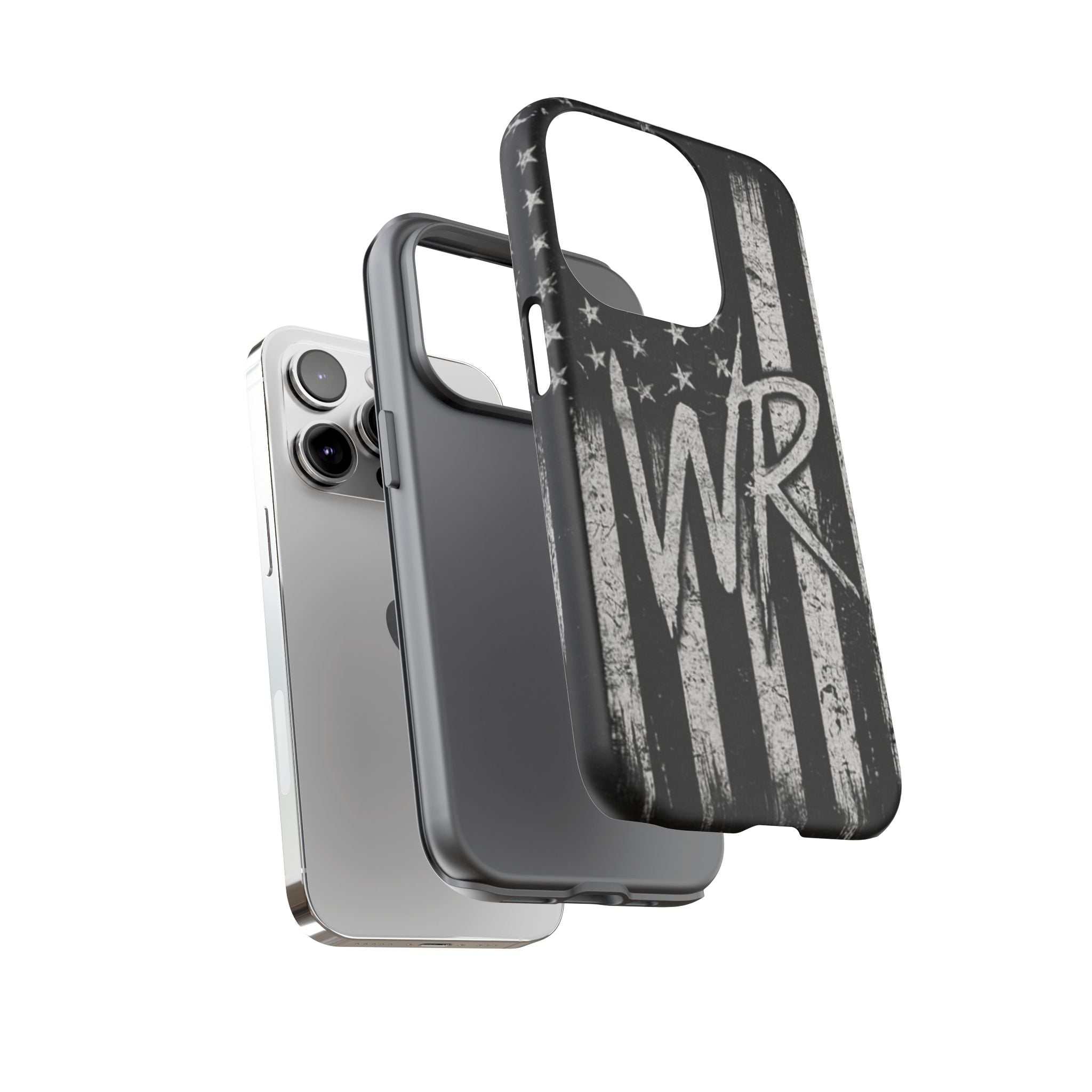 Patriotic monogram tough phone case featuring a distressed American flag design with the initials WR by Printify.