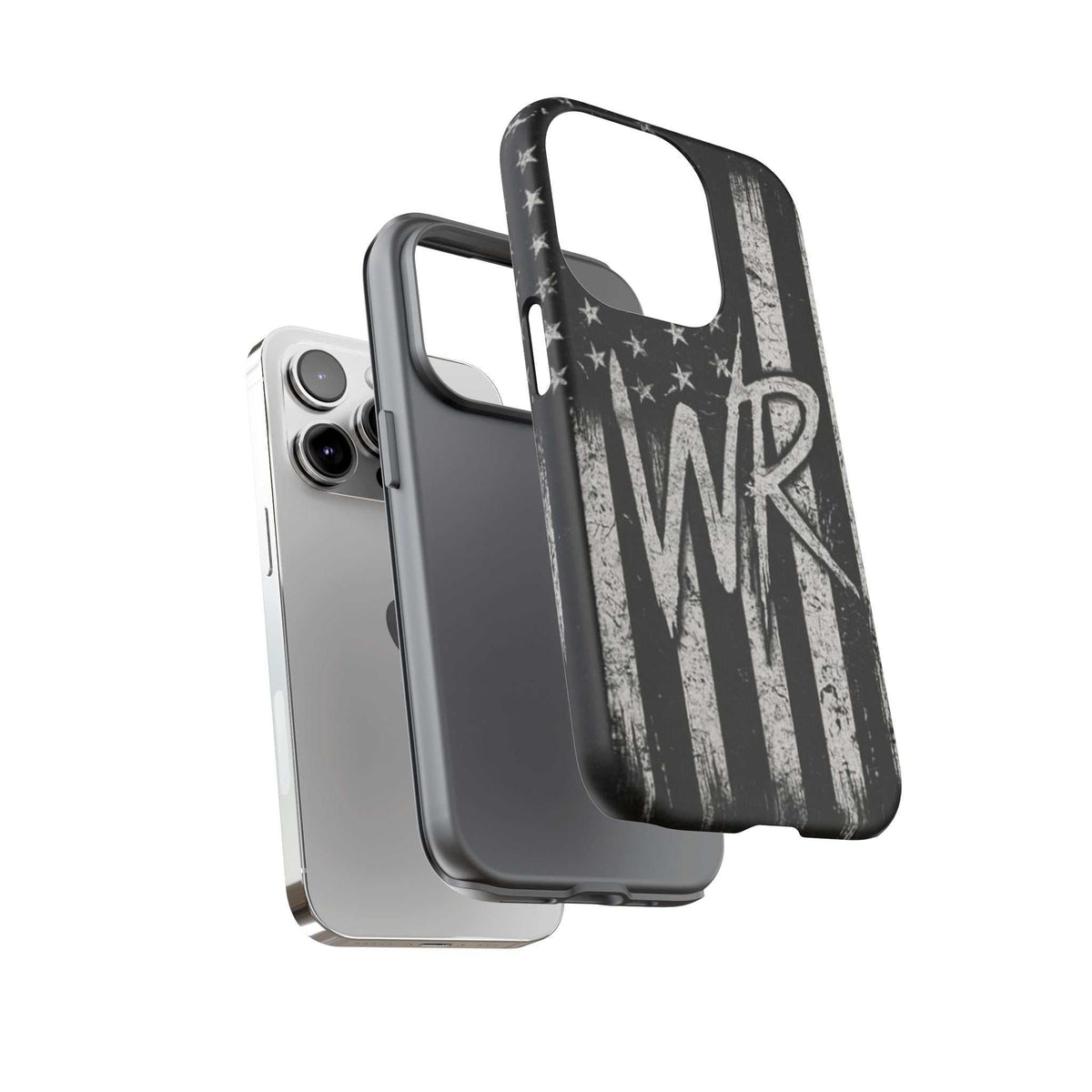 Patriotic monogram tough phone case featuring a distressed American flag design with the initials WR by Printify.