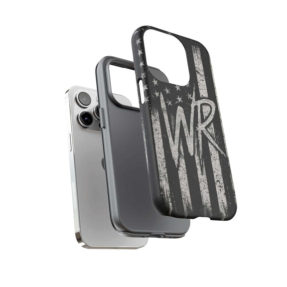 Patriotic monogram tough phone case featuring a distressed American flag design with the initials WR by Printify.