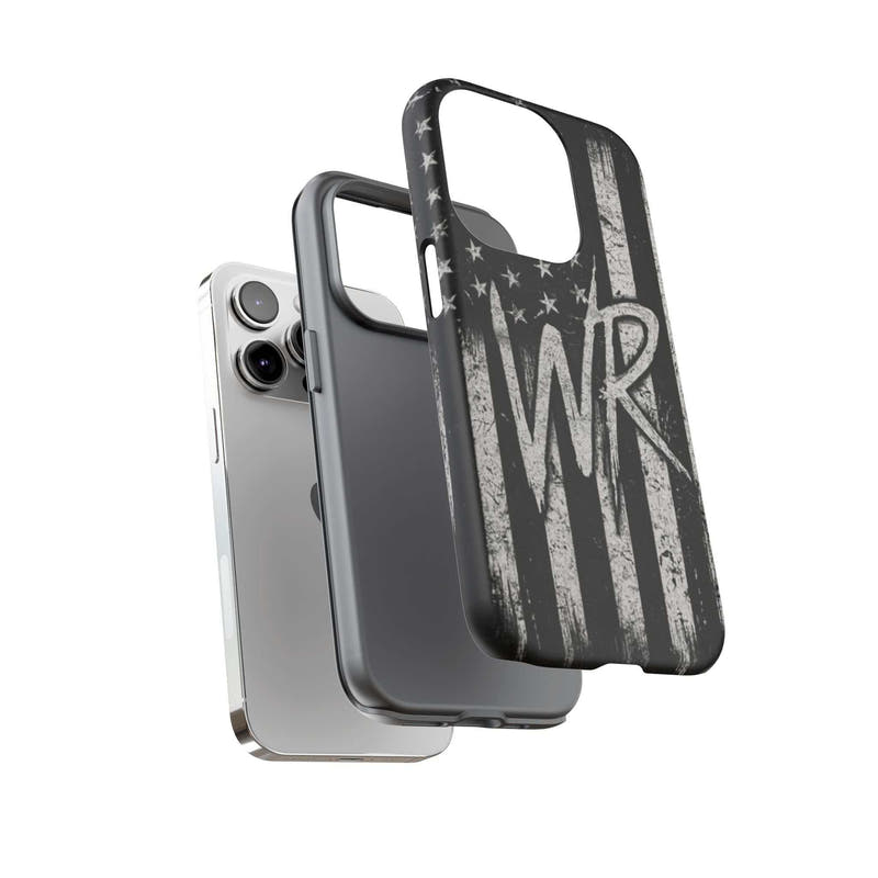 Patriotic monogram tough phone case featuring a distressed American flag design with the initials WR by Printify.