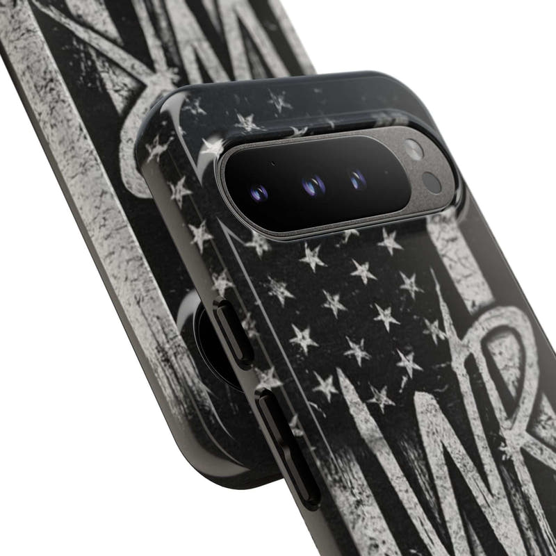 Distressed American flag phone case featuring a patriotic monogram "WR" by Printify. Durable and stylish design.