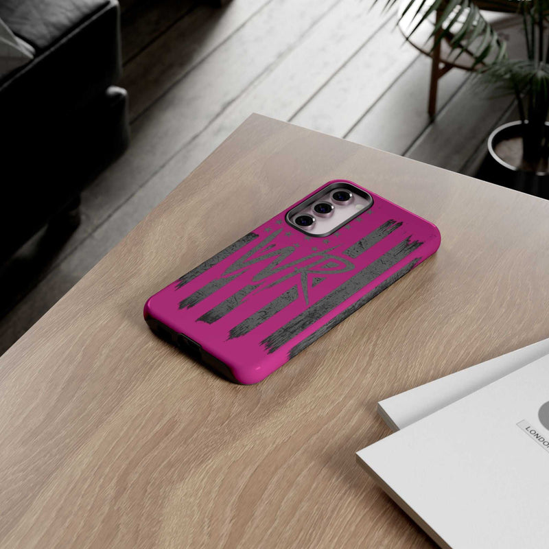 Pink 'WR' Flag tough phone case by Printify, showcasing durable design with vibrant flag pattern and precise cutouts.
